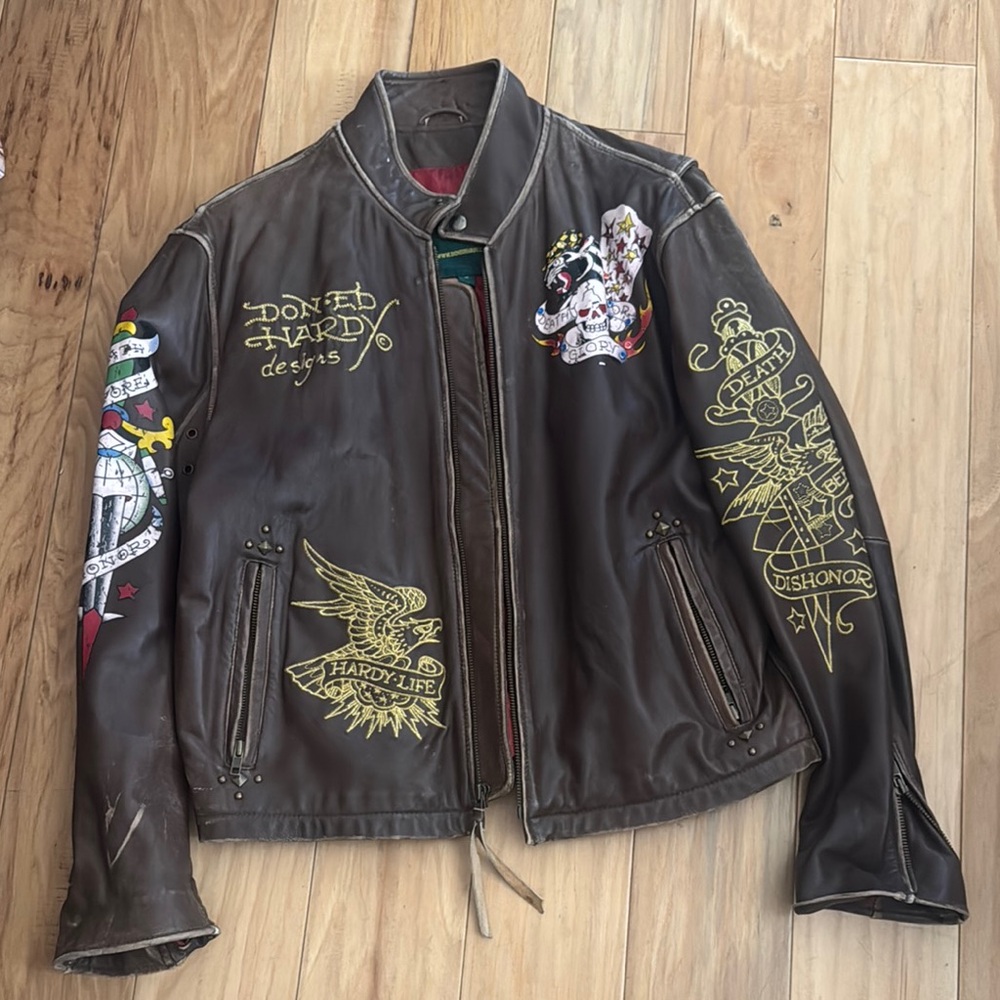 Ed Hardy Brown Bomber Jacket with Dragon Embroidery. Vintage. Men’s Medium.